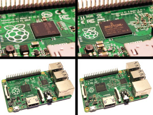 Na levi strani fotografije se nahaja predhodnik nove različice Raspberry Pi Model B+, na desni pa pred kratkim izdan Raspberry Pi 2 Model B.
