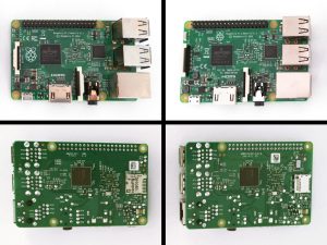 Primerjava Raspberry Pi 2 Model B in Raspberry Pi 3 Model B. Novi RPi ima nekoliko drugačno postavitev določenih elektronskih elementov od svojih predhodnikov.